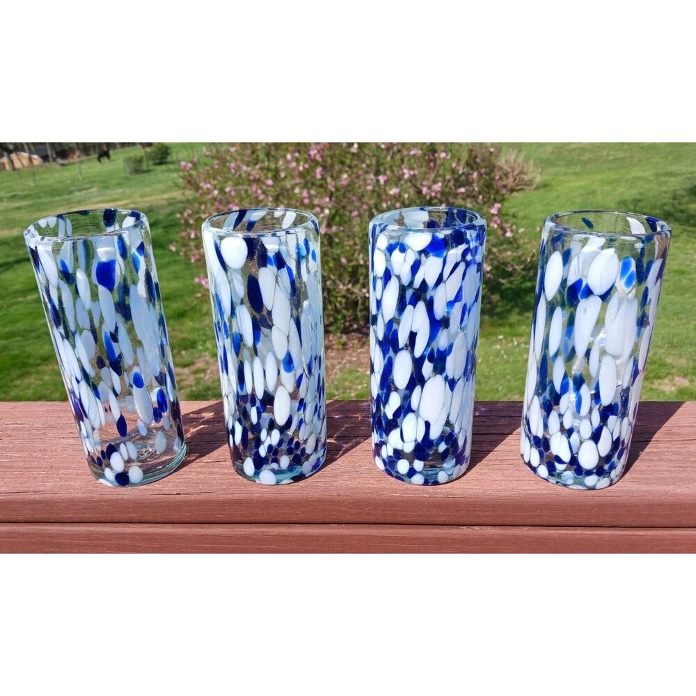 Set Of 4 Mexican Blue White Confetti Hand Blown Drinking Glasses Tumblers 6.25 H